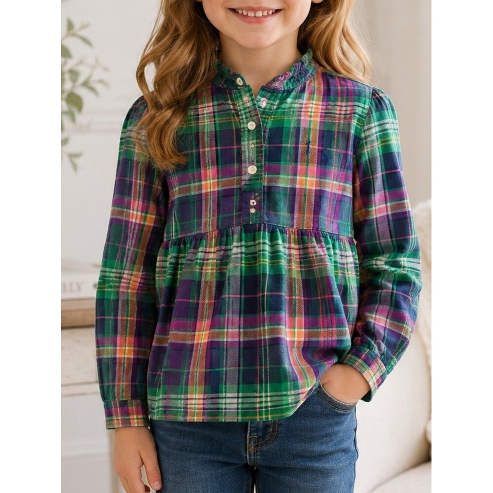Ralph Lauren Plaid Peplum Top Girls 5 Green Purple Pink Preppy